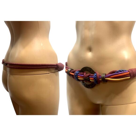 Multi Color Earthy Obi Knot Belt w Brass Rings | Gypsy Boho | 34 - 40" - Picture 9 of 10